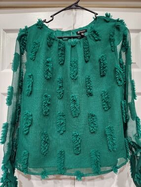 Versona Emerald Green Textured Sheer Long-Sleeve Blouse
